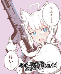  absurdres ahoge animal_ear_fluff animal_ears animal_hands apex_legends assault_rifle bandaid bandaid_on_face bandaid_on_nose blue_eyes blush cat_ears esoul female gloves gun highres holding holding_gun holding_weapon indie_virtual_youtuber jacket lanmewko looking_to_the_side open_mouth partially_fingerless_gloves paw_gloves r-301_carbine rifle solo speech_bubble translation_request twintails virtual_youtuber weapon white_gloves white_hair white_jacket 