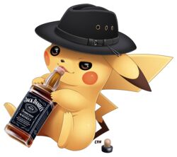  2022 alcohol alpha_channel ambiguous_gender artist_name b-ern beverage clothing digital_media_(artwork) fedora generation_1_pokemon hat headgear headwear hi_res jack_daniel&#039;s nintendo pikachu pokemon pokemon_(species) signature simple_background solo transparent_background 