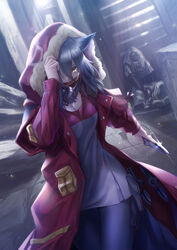  1other animal_ears arknights black_legwear breasts brown_eyes cleavage commentary_request cowboy_shot dress dutch_angle female fur-trimmed_jacket fur_trim glint grey_dress grey_hair hair_between_eyes hand_up highres holding holding_knife holding_weapon hood hooded_jacket jacket ken_ill knife left-handed long_hair long_sleeves looking_at_viewer pantyhose projekt_red_(arknights) red_jacket reunion_soldier_(arknights) short_dress standing weapon wolf_ears 