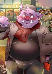  2020 anthro bear black_nose blush bottomwear bumomomoboa clothing detailed_background domestic_pig duo hat headgear headwear hi_res humanoid_hands kemono male mammal night outside overweight overweight_male pants purple_body scarf shirt suid suina sus_(pig) sweater topwear 