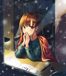  absurdres bookshelf brown_eyes brown_hair commentary_request covering_own_mouth desk eraser female from_outside gongha green_sweater highres indoors looking_at_viewer mechanical_pencil original pencil photoshop_(medium) sitting snowflakes snowing solo sweater textbook window 