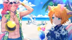  animal_ears aqua_eyes argon_(show_by_rock!!) balt_(show_by_rock!!) beach blonde_hair blue_hair cow_boy cow_horns dark-skinned_male dark_skin goat_boy goat_ears goat_horns highres horns horse_ears horse_tail jii_(show_by_rock!!) light_blue_hair long_hair mel6969 multicolored_hair nickel_(show_by_rock!!) ocean orange_hair orion_(show_by_rock!!) outdoors pink_eyes pink_hair purple_hair sand_sculpture selen_(show_by_rock!!) sheep_boy sheep_ears sheep_horns short_hair show_by_rock!! tail titan_(show_by_rock!!) unicorn_boy 