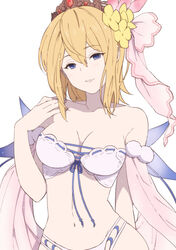  arm_at_side bare_shoulders bikini blonde_hair blue_eyes blush breasts cleavage collarbone crown detached_sleeves europa_(granblue_fantasy) europa_(summer)_(granblue_fantasy) female flower granblue_fantasy groin hair_flower hair_ornament hand_up looking_at_viewer medium_breasts medium_hair mifuta navel parted_lips simple_background smile solo swimsuit upper_body white_background white_bikini 