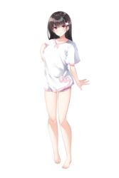  bare_legs barefoot brown_hair c: closed_mouth collarbone dolphin_shorts female full_body game_cg hair_between_eyes hair_ornament highres inaba_usaki koiyasumi_~yuudachi_ni_nureta_osananajimi~ long_hair looking_at_viewer mayusaki_yuu pink_shorts print_shirt red_eyes shirt short_shorts short_sleeves shorts smile solo standing tachi-e transparent_background white_shirt 