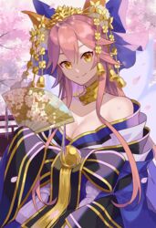  animal_ear_fluff animal_ears bare_shoulders bell blue_bow blue_kimono blush bow breasts cherry_blossoms closed_mouth fate/extra fate/grand_order fate_(series) female folding_fan fox_ears fox_girl hair_between_eyes hand_fan has_bad_revision has_downscaled_revision highres iincho_(airi8751) japanese_clothes kimono large_breasts long_hair long_sleeves md5_mismatch off_shoulder official_alternate_costume petals pink_hair resolution_mismatch smile solo source_smaller tamamo_(fate) tamamo_no_mae_(fate/extra) tamamo_no_mae_(third_ascension)_(fate) very_long_hair wide_sleeves yellow_eyes 