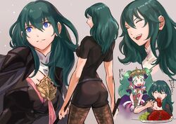  2girls armlet armor ass black_shorts blue_eyes blue_hair bodice boots braid breasts brown_pantyhose bustier byleth_(female)_(fire_emblem) byleth_(fire_emblem) cape capelet cleavage_cutout closed_eyes closed_mouth clothing_cutout commentary eating fire_emblem fire_emblem:_three_houses floral_print from_behind green_eyes green_hair hair_between_eyes lace-trimmed_legwear lace_trim long_hair misica multiple_girls multiple_views open_mouth pantyhose pantyhose_under_shorts patterned_clothing patterned_legwear plate print_pantyhose protected_link ribbon_braid short_shorts short_sleeves shorts shoulder_armor sideboob sothis_(fire_emblem) tassel teacher tiara turtleneck twin_braids vambraces 