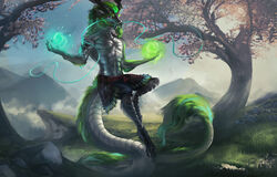  2020 anthro asian_mythology avian_feet cherry_blossom cherry_blossom_tree cherry_tree detailed_background digital_media_(artwork) dragon east_asian_mythology eastern_dragon flaming_orb flower fruit_tree fur glowing_orb grass green_body green_fur jadan levitation long_whiskers magic_user male mountain mythological_creature mythological_scalie mythology outside plant prunus_(flower) rekon-ravon scalie solo tail tree whiskers white_body 