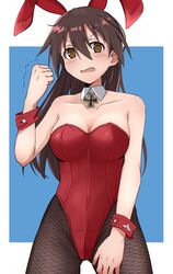  @_@ alternate_hairstyle animal_ears bare_shoulders blue_background blush breasts brown_pantyhose cleavage clenched_hand collarbone cowboy_shot cross detached_collar emu_1316 fake_animal_ears female fishnet_pantyhose fishnets gertrud_barkhorn hand_up highleg highleg_leotard highres iron_cross large_breasts leotard long_hair looking_at_viewer open_mouth pantyhose playboy_bunny rabbit_ears red_leotard simple_background solo standing strapless strapless_leotard strike_witches wavy_mouth world_witches_series wrist_cuffs 