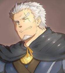  1boy arslan_senki cloak close-up commentary_request facial_hair goatee grey_eyes kubard looking_at_viewer male_focus one_eye_closed partial_commentary portrait scar scar_across_eye scar_on_face short_hair smile solo stubble upper_body white_hair yanutorie 