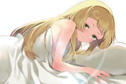  absurdres blonde_hair blurry blush eyelashes female from_side green_eyes highres lillie_(pokemon) long_hair looking_at_viewer momihige nude parted_lips pillow pokemon pokemon_sm sleepy solo under_covers waking_up 