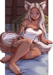  absurdres animal_ear_fluff animal_ears arm_tattoo bare_legs bare_shoulders barefoot bed black_panties breasts camisole cat_ears cat_girl cat_tail commission dark_skin facial_mark feet female final_fantasy final_fantasy_xiv grey_hair highres kenichiart knee_up leg_tattoo legs long_hair medium_breasts miqo&#039;te nail_polish on_bed original panties purple_eyes sitting skeb_commission strap_slip tail tattoo toenail_polish toenails toes underwear warrior_of_light_(ff14) whisker_markings white_camisole white_hair 