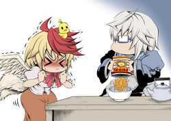  1boy ahoge bird blonde_hair blush bowl chick closed_eyes closed_mouth commentary_request female food glasses hidefu_kitayan highres hiyoko-chan indoors instant_noodle_block instant_ramen kettle morichika_rinnosuke multicolored_hair nissin nissin_chicken_ramen niwatari_kutaka pack_noodles red_hair short_hair tail touhou trembling two-tone_hair white_hair wings 