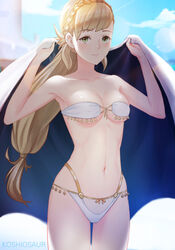  artist_name bad_id bad_pixiv_id bikini blonde_hair blue_sky braid closed_mouth cloud crown_braid day female fire_emblem fire_emblem_heroes green_eyes koshio long_hair low-tied_long_hair navel outdoors sharena_(fire_emblem) sky solo swimsuit 