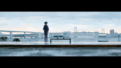  absurdres bench black_hair black_jacket blue_pants bridge building city cityscape cloud cloudy_sky denim female from_behind highres jacket jeans lamppost letterboxed long_sleeves looking_to_the_side original outdoors overpass pants plant rudeko32 scenery shoes short_hair sidewalk sky sneakers standing suspension_bridge tokyo_(city) white_footwear wide_shot 