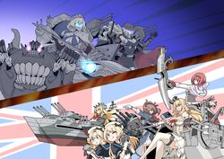  6+girls abyssal_ship adapted_costume anzio_princess ark_royal_(kancolle) arrow_(projectile) ascot back-to-back blonde_hair blue_eyes blunt_bangs bob_cut bow bow_(weapon) bowtie braid brown_hair compound_bow country_connection crossed_legs crown dress european_princess european_water_princess flag_background flower globus_cruciger gloves hairband half_up_braid hat headgear highres holding holding_arrow holding_bow_(weapon) holding_weapon janus_(kancolle) jervis_(kancolle) kantai_collection long_hair long_sleeves machinery messy_hair military military_uniform mini_crown multiple_girls neck_flower necktie nelson_(kancolle) off-shoulder_dress off_shoulder overskirt red_ascot red_bow red_bowtie red_flower red_hair red_necktie red_ribbon ribbon sailor_dress sailor_hat scepter sheffield_(kancolle) short_hair sitting suke_(share_koube) thighhighs tiara uniform union_jack warspite_(kancolle) weapon white_dress white_gloves white_headwear white_legwear 