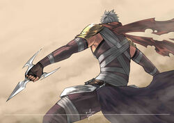  1boy absurdres armor armpits assassin_(ragnarok_online) back bad_id bad_pixiv_id bandages cape chinese_commentary commentary_request dagger elbow_gloves feet_out_of_frame fingerless_gloves from_behind gloves grey_hair highres holding holding_dagger holding_knife holding_weapon jamadhar knife male_focus midriff_sarashi muscular muscular_male pants pauldrons pupuddddy purple_cape purple_gloves purple_pants purple_shirt ragnarok_online red_scarf sarashi scarf shirt short_hair shoulder_armor sleeveless sleeveless_shirt solo torn_cape torn_clothes torn_scarf veins waist_cape weapon 