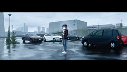  absurdres black_hair black_jacket blue_eyes blue_pants building car city cityscape cloud cloudy_sky commentary denim female glasses grey_sky hair_between_eyes headlight highres holding holding_umbrella jacket jeans lamppost letterboxed looking_at_viewer motor_vehicle nissan_skyline nissan_skyline_r32 open_clothes open_jacket original outdoors pants parking_lot rain reflection rudeko32 scenery shirt short_hair sky skyscraper sports_car tail_lights tokyo_(city) umbrella vehicle_focus white_shirt wide_shot 