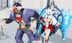  3d_(artwork) anthro archer_orion_(artemis) archer_orion_(bear) archer_orion_(fate) bear big_breasts breasts canid canine canis chains chasing clone clothed clothing digital_media_(artwork) domestic_dog fate_(series) female fur garmr_(tas) group hati_(tas) hi_res human humor lifewonders male malicekira mammal mikumikudance_(artwork) muscular muscular_male open_mouth running smile tokyo_afterschool_summoners tongue type-moon wolf 