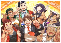  6+boys akashi_(live_a_hero) animal_ears anniversary annotated aopanda bandaid bandaid_on_face bandaid_on_nose bara beard black_hair blush body_fur border bow bracelet broken_horn brown_eyes brown_fur brown_hair chest_hair collar crystal dark-skinned_male dark_skin demon_boy demon_horns dog_boy dog_ears facial_hair fangs fangs_out female furry furry_male goatee gomeisa_(live_a_hero) green_eyes green_hair grey_hair hair_ornament hitomi_(live_a_hero) horns index_finger_raised japanese_clothes jewelry kyoichi_(live_a_hero) large_pectorals live_a_hero long_sideburns looking_at_viewer male_protagonist_(live_a_hero) mature_male multicolored_eyes multicolored_hair multiple_boys muscular muscular_male necklace necktie nessen_(live_a_hero) one_eye_closed open_mouth pale_skin pectoral_cleavage pectorals pointing pointing_up polka_dot polka_dot_background pubraseer_(live_a_hero) red_eyes red_hair red_necktie sailor sailor_collar scar scar_on_face scar_on_nose school_uniform short_hair sideburns smile star_(symbol) star_hair_ornament streaked_hair tattoo thick_eyebrows tribal_tattoo two-tone_fur two-tone_hair upper_body whistle whistle_around_neck white_border yellow_eyes 