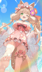  ;d animal_ears barefoot blunt_bangs breasts brown_hair choker cleavage commission day dress_swimsuit feet female flower foreshortening fox_ears fox_girl fox_tail frilled_hairband frills from_below green_eyes hair_flower hair_ornament hairband highres large_breasts long_hair looking_at_viewer maho_(princess_connect!) maho_(summer)_(princess_connect!) oerba_yun_fang one-piece_swimsuit one_eye_closed open_mouth pink_choker pink_hairband pink_one-piece_swimsuit princess_connect! smile soles solo standing sunlight swimsuit tail toes twin_(tt_lsh) 