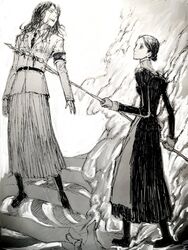  2girls apron blood blood_on_face duel expressionless filame_(filamen0112) full_body greyscale hair_bun highres holding holding_polearm holding_weapon impaled lara_tybur long_hair long_sleeves maid maid_apron monochrome multiple_girls pieck_finger polearm shingeki_no_kyojin short_hair single_hair_bun skeleton smoke titan_(shingeki_no_kyojin) weapon wide-eyed 