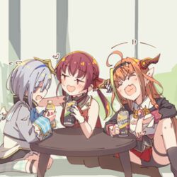  3girls ^_^ ahoge alcohol amane_kanata amane_kanata_(1st_costume) angel angel_wings arm_support asymmetrical_legwear ayasaka beer beer_can black_bow black_hairband black_jacket black_thighhighs blonde_hair blue_hair blunt_bangs blush bottle bow bowtie braid breasts bright_pupils brooch can chabudai_(table) cleavage cleavage_cutout closed_eyes clothing_cutout collared_shirt colored_inner_hair commentary_request doukyo&#039;s dragon_girl dragon_horns drink_can elbow_on_knee grey_hair hair_ornament hair_ribbon hairband halo heart holding holding_bottle hololive horn_bow horn_ornament horns houshou_marine houshou_marine_(1st_costume) indoors jacket jewelry kiryu_coco kiryu_coco_(1st_costume) laughing leg_up long_hair long_sleeves looking_at_another medium_hair miniskirt multicolored_bow multicolored_eyes multicolored_hair multiple_girls oerba_yun_fang on_floor open_mouth orange_hair pleated_skirt pointy_ears red_bow red_bowtie red_hair red_ribbon red_skirt ribbon round_table shirt short_shorts shorts shorts_under_skirt sideways_mouth simple_background single_braid single_thighhigh sitting skin_fang skirt sleeves_rolled_up smile streaked_hair striped sweatdrop table thigh_strap thighhighs twintails uneven_legwear v-shaped_eyebrows virtual_youtuber wariza white_bow white_shirt wings yokozuwari 