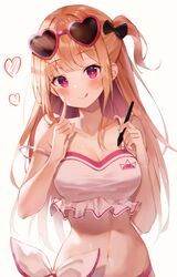  :q absurdres bare_arms bare_shoulders bikini bikini_bottom_only blonde_hair bow breasts bright_pupils cleavage closed_mouth collarbone crop_top eyewear_on_head female frills glint hairbow haneiro heart heart-shaped_eyewear highres holding huion index_finger_raised large_breasts long_hair looking_at_viewer midriff navel one_side_up pink_bikini pink_eyes shirt side-tie_bikini_bottom sidelocks simple_background sleeveless sleeveless_shirt smile solo spaghetti_strap stomach strap_slip stylus sunglasses swimsuit tongue tongue_out upper_body white_background white_shirt 