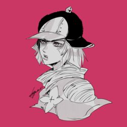  artist_name brooch commentary female greyscale_with_colored_background hat highres hot_pants_(sbr) jewelry jojo_no_kimyou_na_bouken kogatarou monochrome parted_lips pink_background short_hair signature simple_background solo steel_ball_run turtleneck upper_body 