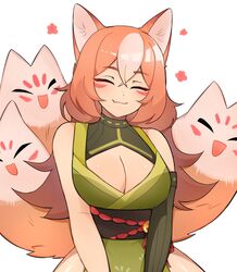  animal_ears blush borrowed_character breasts cleavage cleavage_cutout closed_eyes closed_mouth clothing_cutout facial_mark facing_viewer fang_out female fox_ears fox_girl fox_tail highres large_breasts lips long_hair mitsu_(suizilla) multicolored_hair oerba_yun_fang orange_hair original rukiadaichi smile solo tail white_hair 