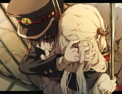  1boy black_hair black_headwear black_jacket brown_eyes brown_hair commentary dress eyes_visible_through_hair female gakuran gakuseibou hair_over_eyes hanako_(jibaku_shounen_hanako-kun) hat hug indoors jacket jibaku_shounen_hanako-kun long_hair long_sleeves magatama magatama_hair_ornament peaked_cap piyokichi prison puffy_short_sleeves puffy_sleeves revision school_uniform short_sleeves very_long_hair white_dress yashiro_nene 