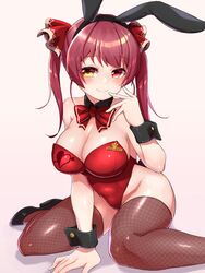  animal_ears bow bowtie breasts cleavage detached_collar fake_animal_ears female fishnet_thighhighs fishnets heterochromia highres hololive houshou_marine konboi-eg large_breasts leotard long_hair looking_to_the_side playboy_bunny rabbit_ears red_bow red_bowtie red_eyes red_hair red_leotard sitting smile solo thighhighs twintails virtual_youtuber wariza wrist_cuffs yellow_eyes 