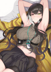  absurdres armpits arms_behind_head arms_up bike_shorts black_hair black_shorts black_skirt breasts brown_sweater commission female girls&#039;_frontline heterochromia highres jacket long_hair low_twintails lying miniskirt multicolored_hair navel on_back pleated_skirt red_eyes ro635_(girls&#039;_frontline) ro635_(mod3)_(girls&#039;_frontline) shitamichi shorts shorts_under_skirt skeb_commission skirt sleeveless sleeveless_sweater solo streaked_hair sweater twintails white_hair yellow_eyes yellow_jacket 