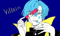  1boy bandages bandaid bandaid_on_face blue_background blue_eyes blue_hair cape chocoburauni commentary english_text eyelashes facial_mark gakuran male_focus milestone_celebration paint parted_lips pink_eyes popped_collar school_uniform simple_background smile solo song_name teardrop upper_body villain_(vocaloid) 