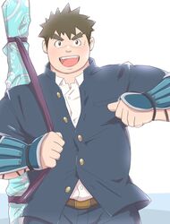  1boy bara belly blue_jacket blue_pants blush brown_hair bulge cowboy_shot gakuran highres humanization jacket male_focus moritaka_(housamo) open_mouth pants plump pointing pointing_at_self school_uniform shirt short_hair solo spiked_hair sword sword_behind_back thick_eyebrows tokyo_afterschool_summoners weapon white_shirt yanutorie 