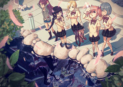  6+girls akemi_homura akuma_homura black_hair black_skirt blonde_hair blue_hair boots bow bowtie braid brown_footwear commentary_request creature denim denim_shorts different_reflection drill_hair feathers fur_trim glasses green_jacket high_collar highres jacket juliet_sleeves kaname_madoka knee_boots kneehighs kyuubee loafers long_hair long_sleeves mahou_shoujo_madoka_magica mahou_shoujo_madoka_magica:_hangyaku_no_monogatari miki_sayaka mitakihara_school_uniform momoe_nagisa multiple_girls nanakamado pink_hair ponytail puffy_sleeves red-framed_eyewear red_bow red_bowtie red_hair reflection sakura_kyoko school_uniform shoes short_hair short_twintails shorts skirt socks thighhighs tomoe_mami twin_braids twin_drills twintails white_hair zettai_ryouiki 