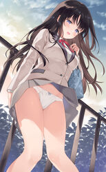  bag black_hair blush bow bow_panties breasts collared_shirt commentary_request female grey_jacket grey_skirt highres jacket knees_together_feet_apart kurasawa_moko long_hair medium_breasts open_mouth original outdoors panties pleated_skirt purple_eyes railing red_bow school_bag school_uniform shirt skirt solo standing underwear very_long_hair wavy_mouth white_panties white_shirt wind wind_lift 