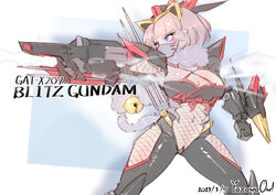  animal_ears artist_name bell black_gloves blitz_gundam blue_eyes blush bodystocking breasts cat_ears cat_tail character_name cleavage clenched_hand covered_navel dated fake_animal_ears female fishnets fur_scarf gloves grey_hair grey_scarf gun gundam gundam_seed highres holding holding_gun holding_weapon humanization large_breasts looking_to_the_side mask mecha_musume mechanical_ears mouth_mask scarf short_hair solo tail weapon yazawa_owl 