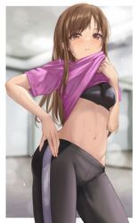  :t absurdres bad_id bad_pixiv_id black_pants blurry blurry_background blush border breasts brown_eyes brown_hair closed_mouth clothes_lift commentary contrapposto cowboy_shot depth_of_field female highres idolmaster idolmaster_cinderella_girls indoors korean_commentary lifting_own_clothes long_hair medium_breasts navel nitta_minami outside_border pants parted_bangs pink_shirt pout shirt shirt_lift short_sleeves sports_bra stomach sweat white_border yj_(yojo_san) yoga_pants 