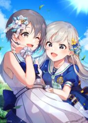  2girls bangs banned_artist black_eyes blue_dress blue_sky bow braid commentary_request day dress grey_hair hair_ribbon hairbow highres hisakawa_hayate idolmaster idolmaster_cinderella_girls leaf long_hair multiple_girls one_eye_closed open_mouth otokura_yuuki outdoors puffy_short_sleeves puffy_sleeves purple_eyes ribbon sailor_collar sailor_dress sake_dong short_hair short_sleeves sky sleeveless sleeveless_dress white_dress white_sailor_collar wind wrist_cuffs 