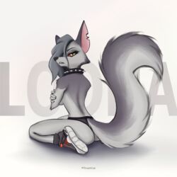  1:1 2023 anthro black_nose canid canid_demon canine clothed clothing collar demon digital_media_(artwork) female footwear fur grey_body grey_fur grey_hair grey_tail hair hair_over_eye hellhound helluva_boss hi_res long_ears long_tail looking_at_viewer loona_(helluva_boss) mammal multicolored_body multicolored_fur mythological_canine mythological_creature mythology narrowed_eyes notched_ear one_eye_obstructed panties partially_clothed pink_inner_ear shoes simple_background sitting sneakers solo spiked_collar spikes tail thrashcub topless two_tone_body two_tone_fur two_tone_tail underwear 