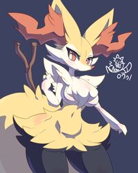  absurdres animal_ear_fluff animal_ears blue_background blush braixen breasts bright_pupils commentary contrapposto cowboy_shot dated female fox_ears fox_tail furry furry_female hand_up highres light_frown looking_at_viewer medium_breasts navel nyaswitchnya outstretched_arm pokemon pokemon_(creature) red_eyes red_nose signature simple_background solo standing stick symbol-only_commentary tail thick_thighs thighs tsurime white_pupils 