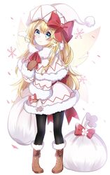  adapted_costume ametama_(runarunaruta5656) black_pantyhose blonde_hair blue_eyes boots bow brown_footwear capelet commentary_request fairy_wings female full_body fur-trimmed_boots fur-trimmed_capelet fur_collar fur_trim hair_between_eyes hairbow hat highres lily_white long_hair long_sleeves looking_at_viewer mittens pantyhose pom_pom_(clothes) red_bow sack smile snowflakes solo standing touhou wings winter_clothes 