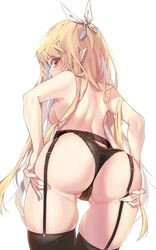  \||/ ass ass_focus ass_grab ass_support backboob black_panties black_thighhighs blonde_hair breasts cameltoe chukibabo2 commentary commission cowboy_shot english_commentary female from_behind garter_belt grabbing_own_ass hair_ribbon hands_on_own_ass highres lace-trimmed_garter_straps lace-trimmed_panties lace_garter_belt lace_trim light_blush long_hair looking_at_viewer looking_back medium_breasts original panties pointy_ears red_eyes ribbon solo spread_ass thigh_gap thighhighs thighs underwear very_long_hair 