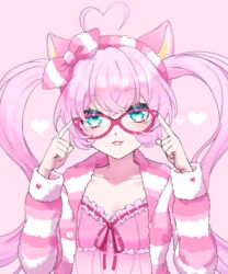  adjusting_eyewear ahoge animal_ears blue_eyes cat_ears cat_girl female glasses jacket long_hair long_sleeves looking_at_viewer mel6969 pink_background pink_hair pink_jacket pink_shirt rosia_(show_by_rock!!) shirt show_by_rock!! solo twintails 