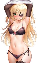  absurdres armpits arms_up bare_shoulders black_bra black_panties blonde_hair bra breasts brown_gloves closed_mouth collarbone cowboy_shot elbow_gloves eyepatch female fischl_(genshin_impact) frown garter_straps genshin_impact gloves green_eyes groin hair_over_one_eye highres long_hair looking_at_viewer medium_breasts navel panties shirt side-tie_panties simple_background single_thighhigh solo stomach string_bra string_panties sunhyun thighhighs thighs two_side_up underwear underwear_only undressing v-shaped_eyebrows white_background white_shirt 