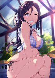  ;) between_legs bikini blue_bikini blue_hair blurry blurry_background breasts commentary dappled_sunlight day depth_of_field female hair_ribbon hand_between_legs highres indoors long_hair looking_at_viewer love_live! love_live!_sunshine!! matsuura_kanan medium_breasts multi-strapped_bikini one_eye_closed plaid plaid_bikini ponytail purple_eyes ribbon side-tie_bikini_bottom sitting smile solo sparkle sunlight swimsuit wet white_ribbon window yamaori_(yamaorimon) 