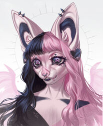  anthro bat black_hair bust_portrait ear_piercing eyelashes facial_piercing female front_view glistening glistening_eyes hair hi_res mammal marie_merkh multicolored_hair nose_piercing nose_ring piercing pink_body pink_hair pink_teeth portrait ring_piercing septum_piercing septum_ring signature simple_background solo spike_piercing teeth two_tone_hair unusual_eyes 