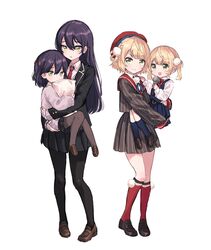  4girls bad_id bad_twitter_id beret black_hair black_jacket black_legwear black_skirt blonde_hair blue_legwear blue_skirt brown_footwear commentary_request dual_persona embarrassed genderswap_(mtf) hair_between_eyes hair_ornament hat highres holding holding_microphone holding_person holding_pillow indie_virtual_youtuber jacket kenmochi_touko kenmochi_touya loafers lolicon long_hair looking_at_viewer mahinapeeea microphone multiple_girls necktie nijisanji open_mouth pantyhose pillow pleated_skirt pom_pom_(clothes) pom_pom_hair_ornament red_legwear red_necktie rule_63 sailor_collar shigure_ui_(vtuber) shigure_ui_(vtuber)_(1st_costume) shigure_ui_(vtuber)_(young) shoes short_hair short_twintails simple_background skirt smile socks twintails virtual_youtuber white_background 