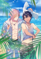  2boys absurdres black_hair commentary_request fate/grand_order fate_(series) floral_print fujimaru_ritsuka_(male) hair_over_one_eye hibiscus_print highres hood hoodie jacket long_sleeves male_focus male_swimwear multiple_boys official_alternate_costume open_clothes open_mouth orange_hair outdoors robin_hood_(fate) robin_hood_(summer_hunter)_(fate) short_hair smile swim_trunks swimsuit tuze111 