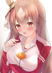  alternate_costume animal_ears aonu_koru blush braid brown_hair collarbone commentary_request ear_ornament female food fruit gym_uniform hair_ornament half_updo highres horse_ears horse_girl jacket long_hair looking_at_viewer object_on_breast open_mouth oppai_mochi orange_(fruit) satono_diamond_(umamusume) simple_background solo tracen_training_uniform track_jacket track_suit umamusume white_background 